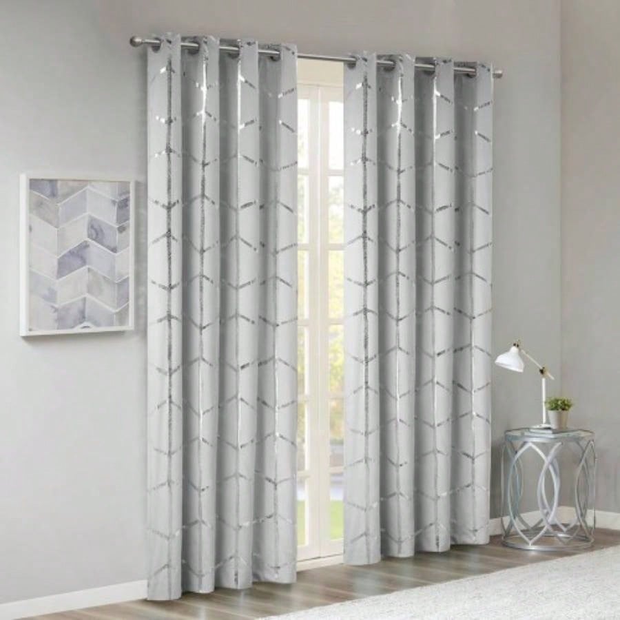 Total Blackout Metallic Print Grommet Top Curtain Panel Pair2 Pcs Window Panels