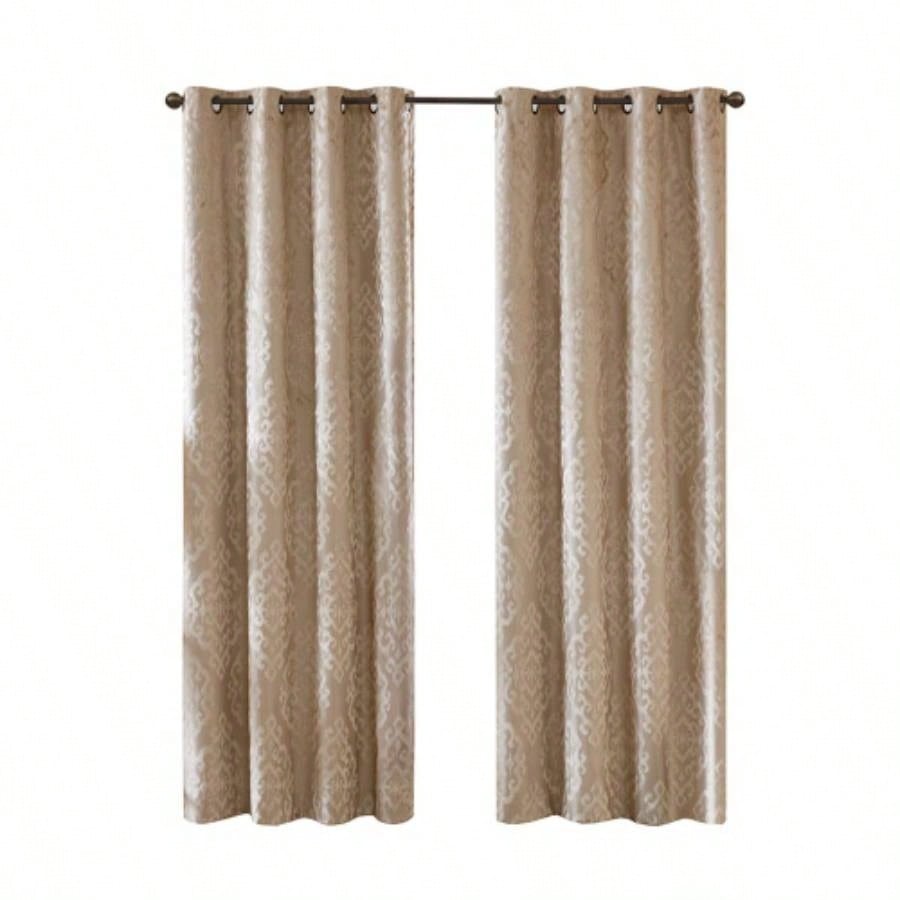 Knitted Jacquard Damask Total Blackout Grommet Top Curtain Panel Pair2 Pcs Window Panels