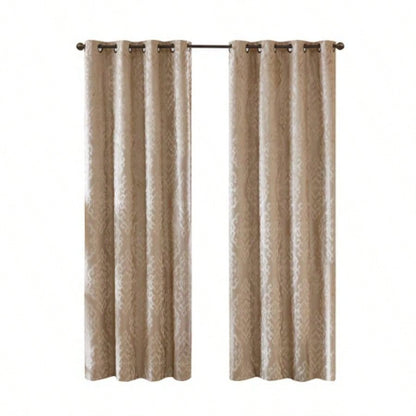 Knitted Jacquard Damask Total Blackout Grommet Top Curtain Panel Pair2 Pcs Window Panels