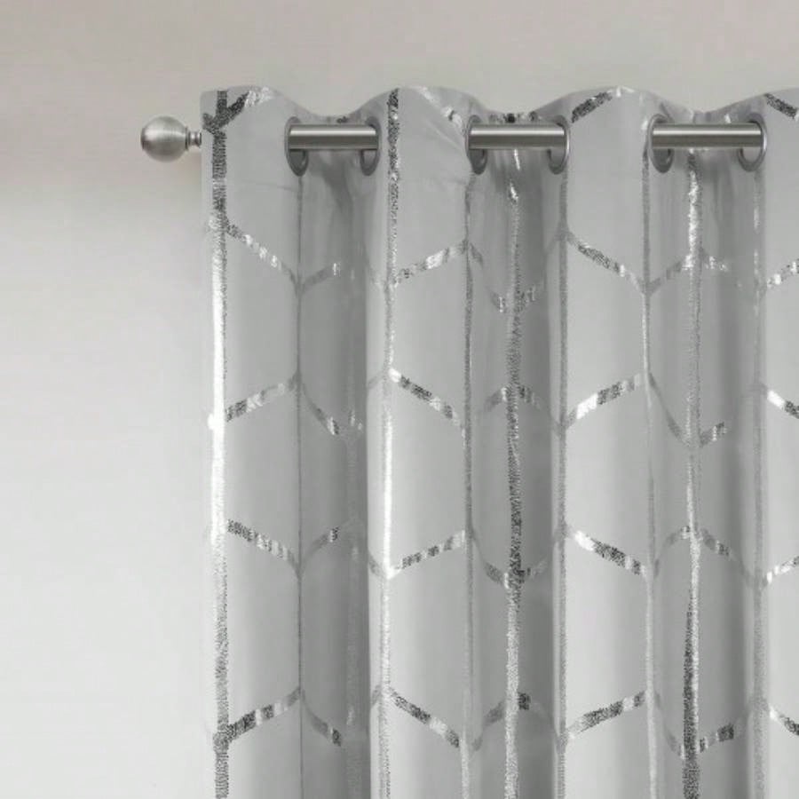 Total Blackout Metallic Print Grommet Top Curtain Panel Pair2 Pcs Window Panels