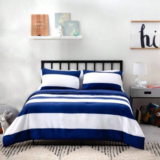 Linenspa Microfiber Designer Comforter - Rugby Stripe, Cal King, Navy