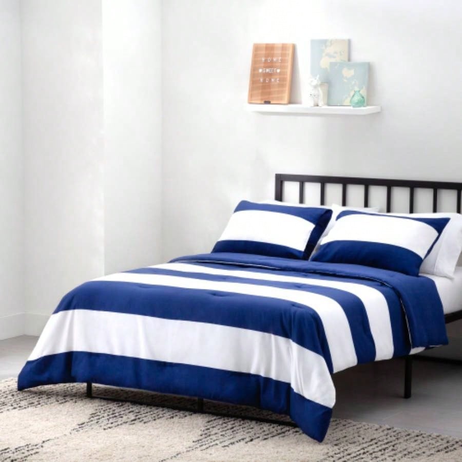 Linenspa Microfiber Designer Comforter - Rugby Stripe, Cal King, Navy