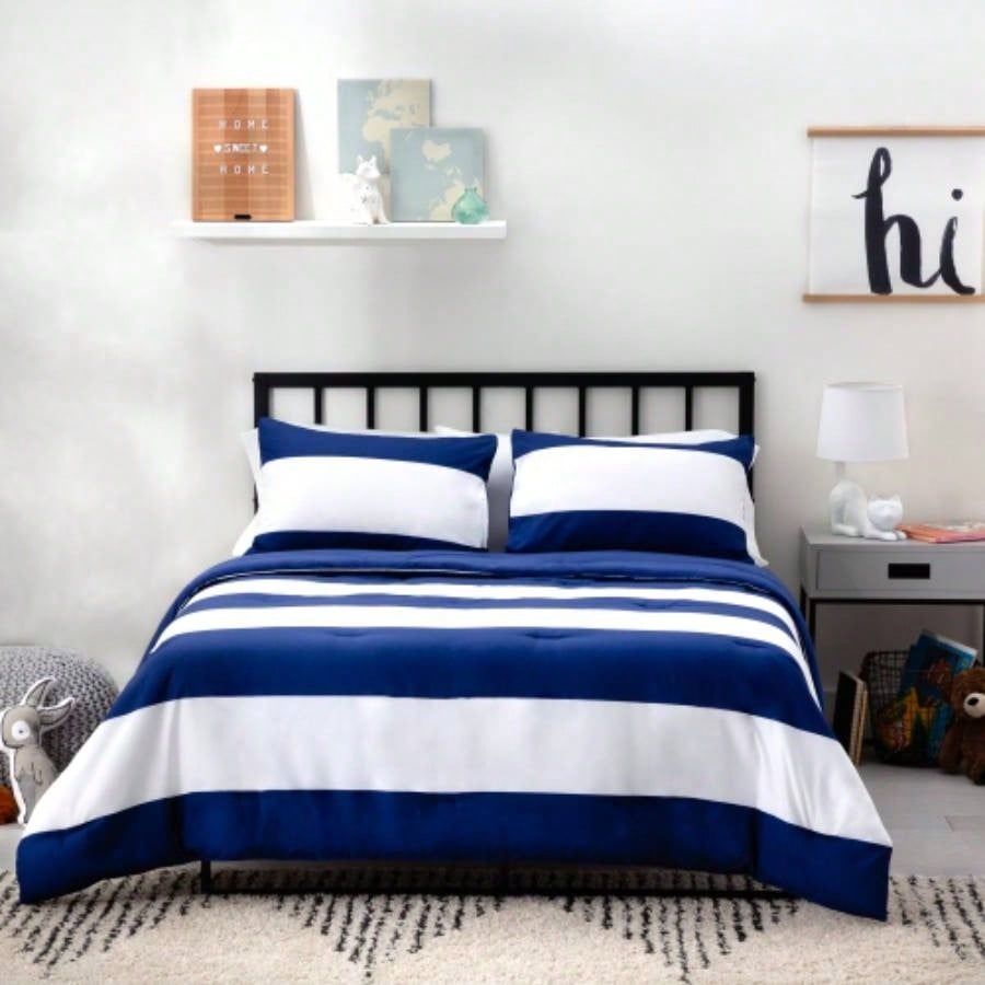 Linenspa Microfiber Designer Comforter - Rugby Stripe, Cal King, Navy