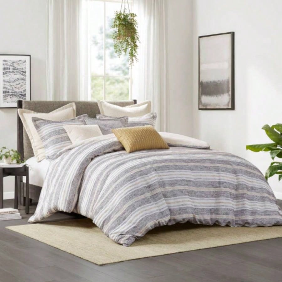Oversized Chenille Jacquard Striped Comforter Set with Euro Shams and Throw Pillows