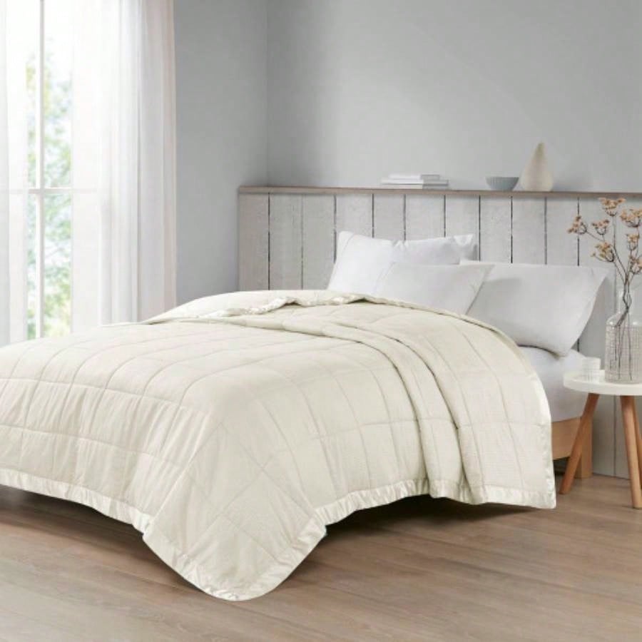 Oversized Down Blanket with Satin Trim Ivory King