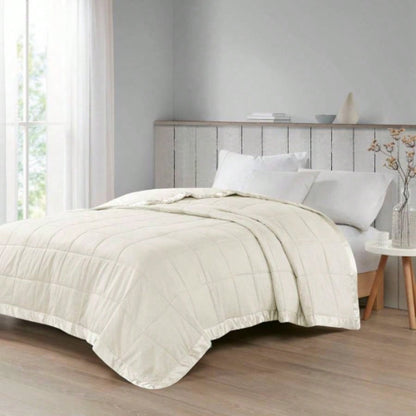 Oversized Down Blanket with Satin Trim Ivory King