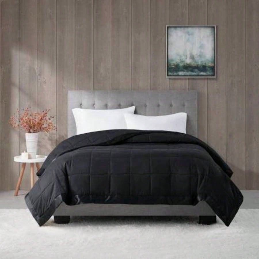 Lightweight Down Blanket with Satin Trim Black King