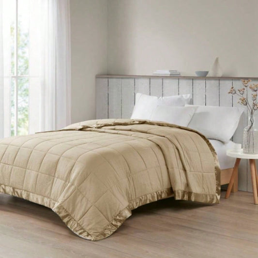 Oversized Down Blanket with Satin Trim Taupe King