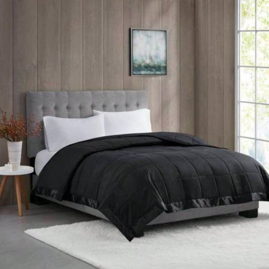 Lightweight Down Blanket with Satin Trim Black King