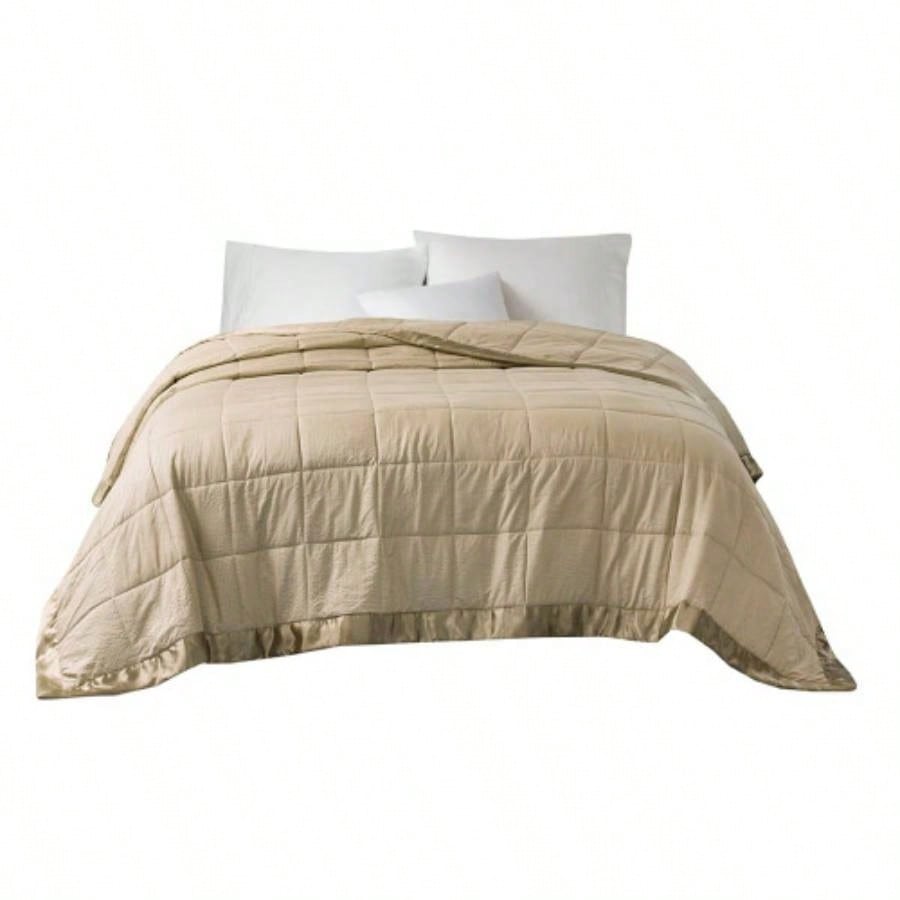 Oversized Down Blanket with Satin Trim Taupe King