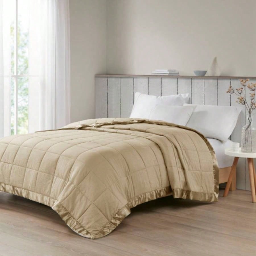 Oversized Down Blanket with Satin Trim Taupe King