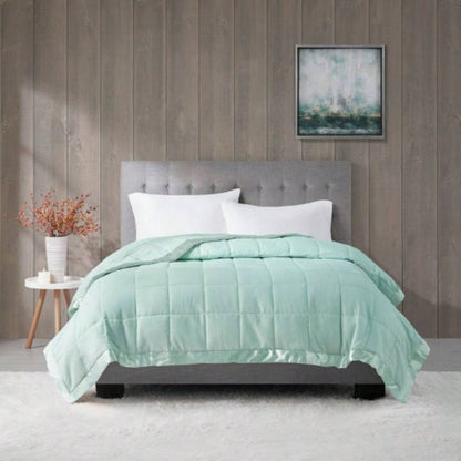 Lightweight Down Blanket with Satin Trim Seafoam King