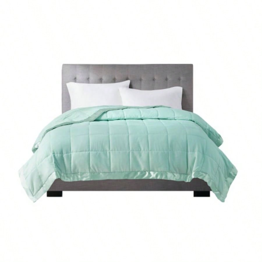Lightweight Down Blanket with Satin Trim Seafoam King