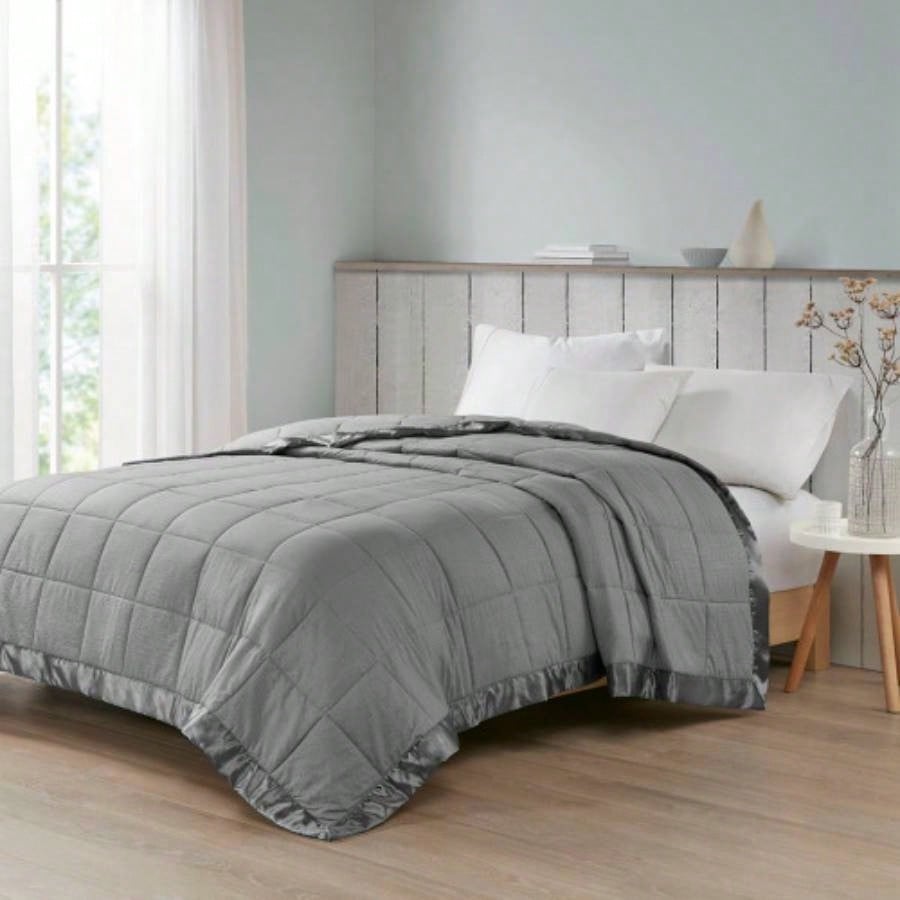 Oversized Down Blanket with Satin Trim Charcoal King