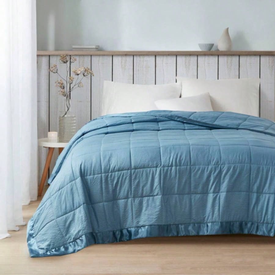 Oversized Down Blanket with Satin Trim Slate Blue Full/