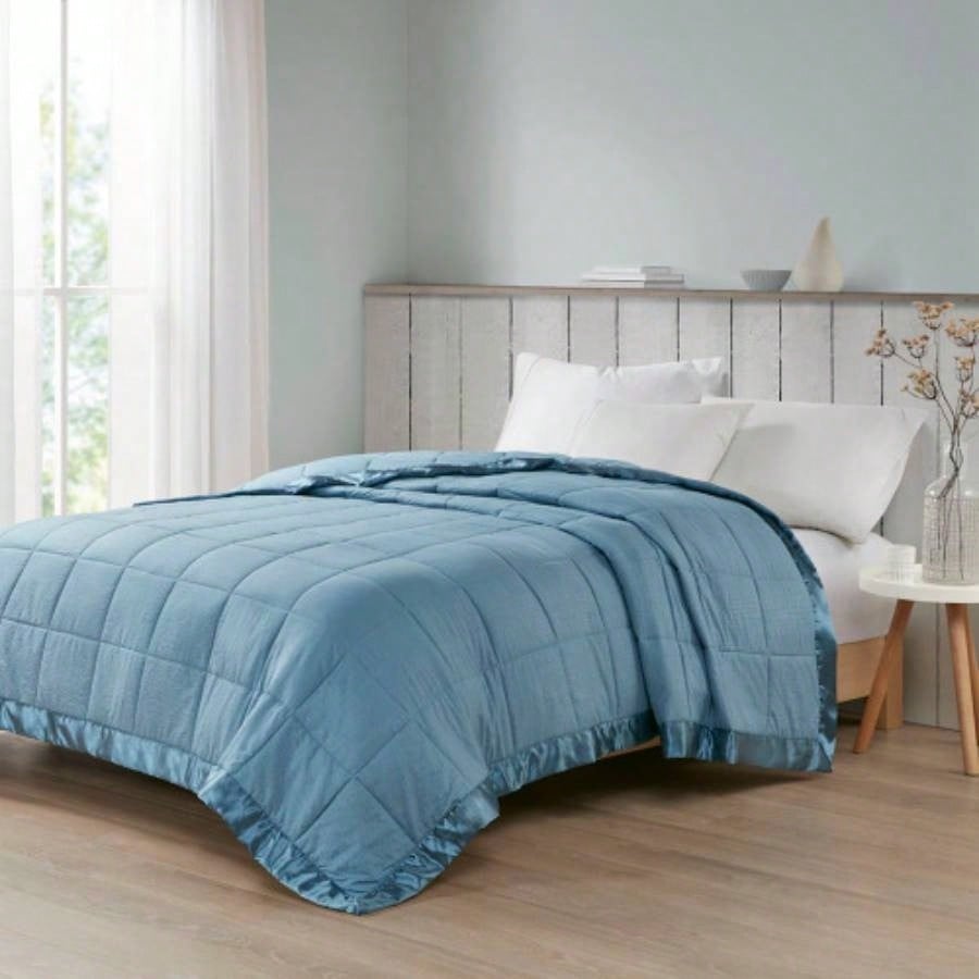Oversized Down Blanket with Satin Trim Slate Blue Full/