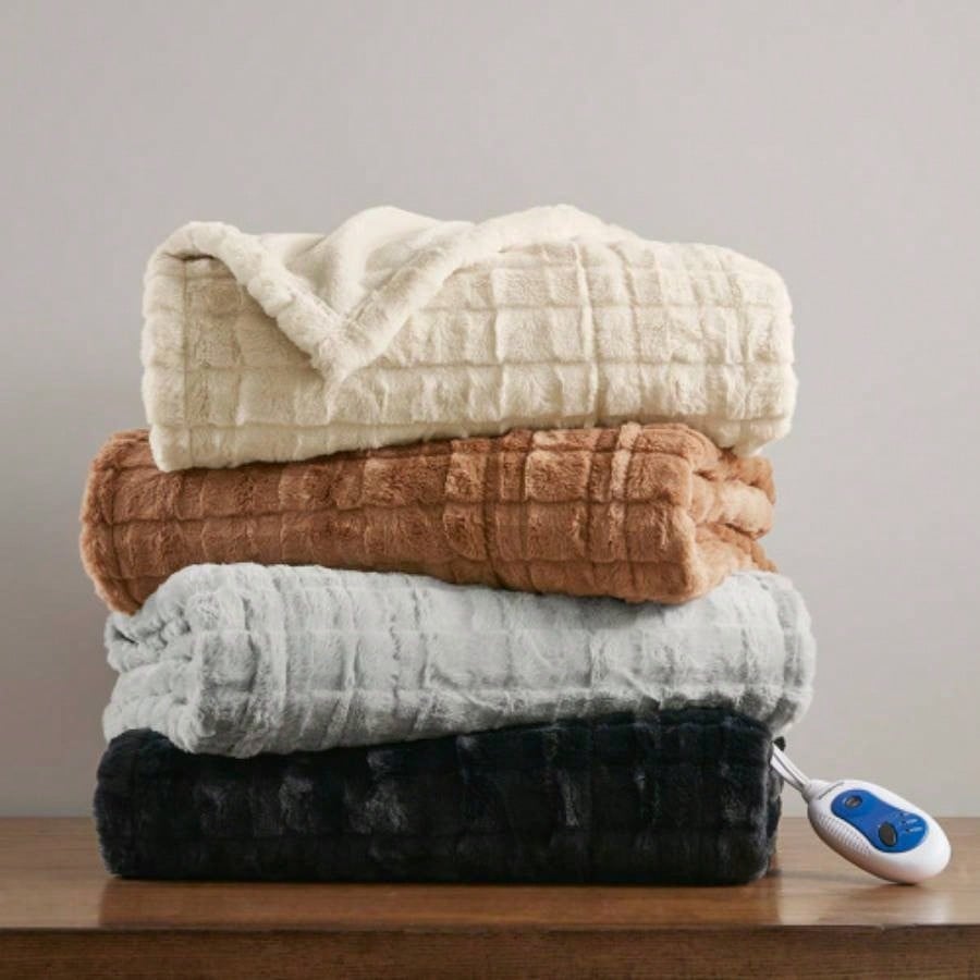 1 PCS 50x70 Oversized Faux Fur Heated Throw Ivory Texture