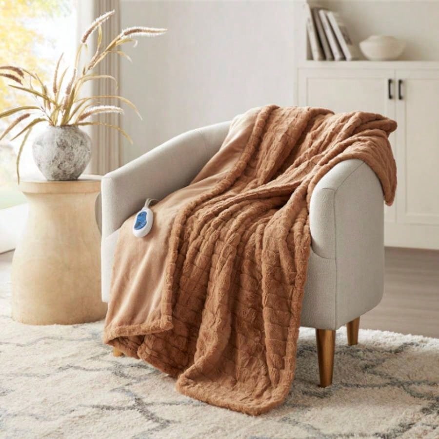 1 PCS 50x70 Oversized Faux Fur Heated Throw Brown Texture
