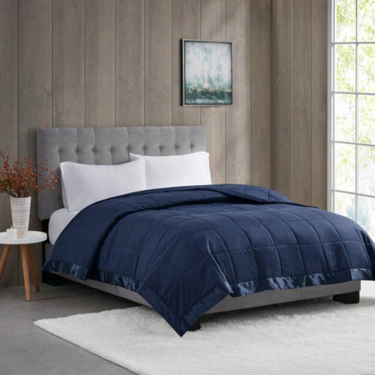 Lightweight Down Blanket with Satin Trim Navy King