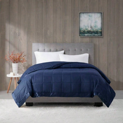Lightweight Down Blanket with Satin Trim Navy King
