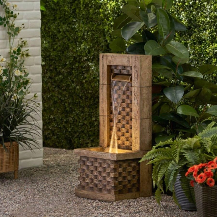 35.25 High Hand Crafted Weather Resistant Floor Fountain with Light, Light Brown