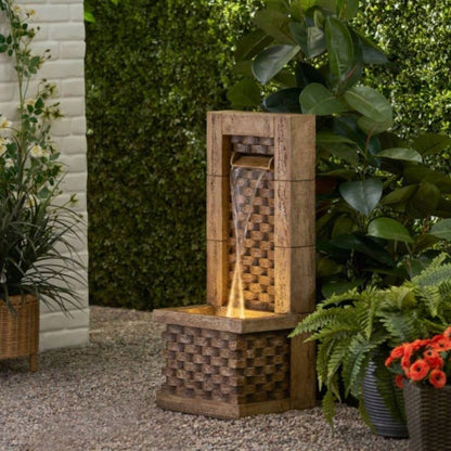 35.25 High Hand Crafted Weather Resistant Floor Fountain with Light, Light Brown