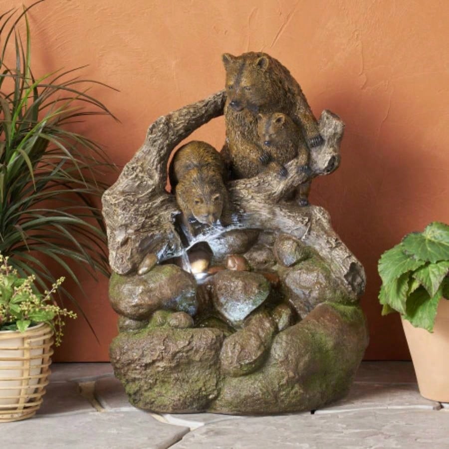 24.75 High CALLAN FOUNTAIN Weather Resistant Floor Fountain with Light, Light Brown+ Moss