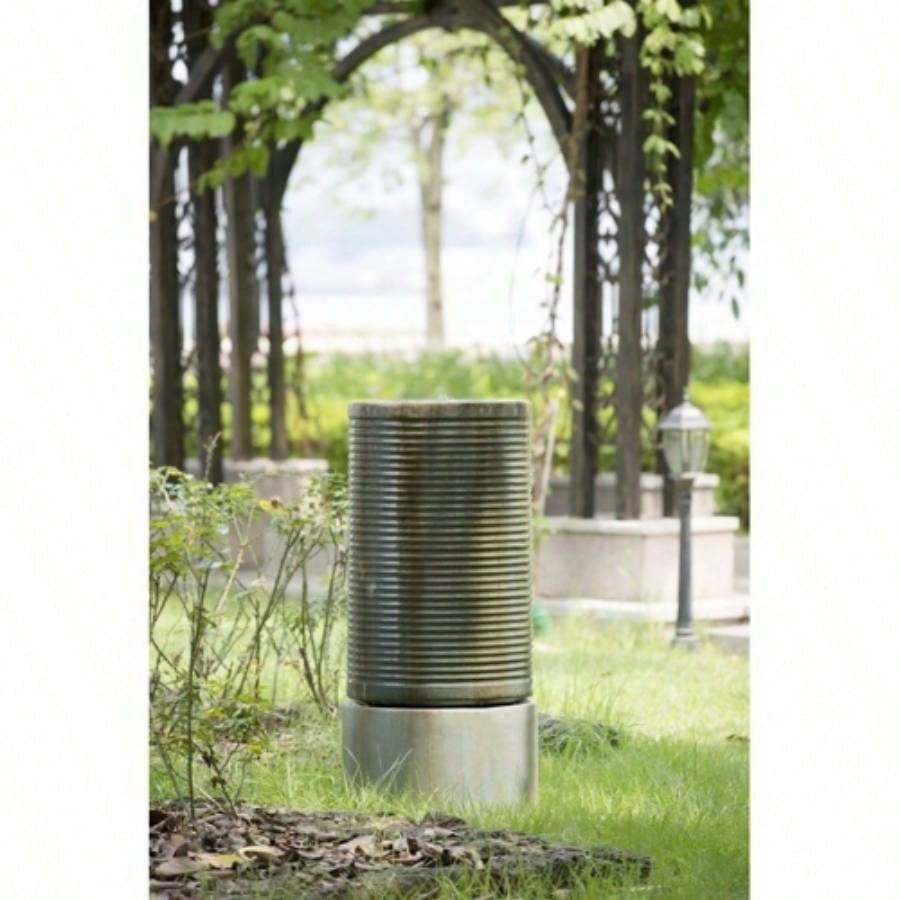 44 Tall Large Modern Cylinder Ribbed Tower Fountain, Contemporary Antique Outdoor Bird Bath Concrete Fountain