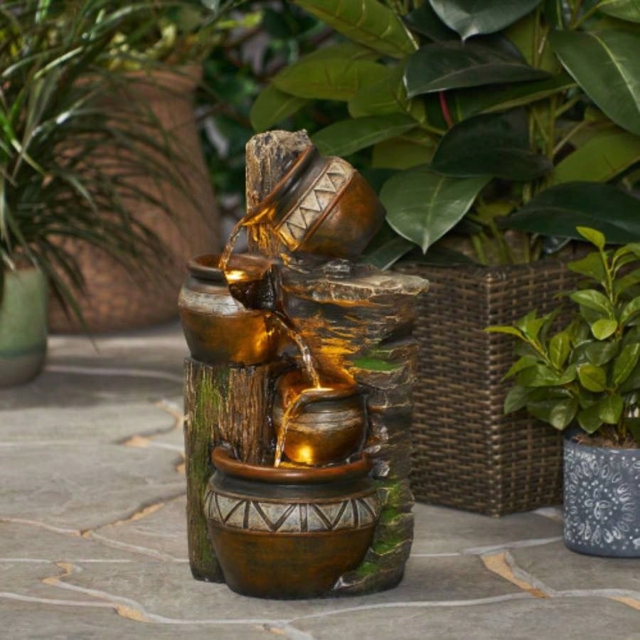 19.75 High Weather Resistant Floor Fountain with Light, 3 Tier Outdoor Fountain, Brown+ Gray