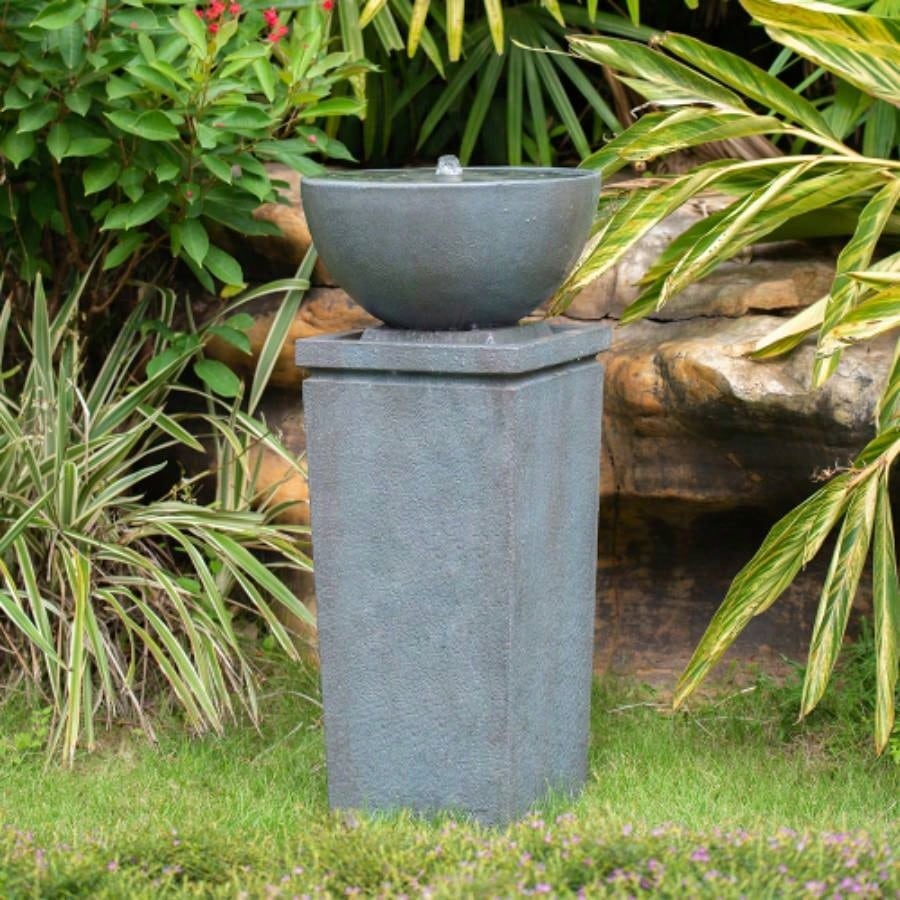 35.5 Polyresin Gray Zen Bowl Fountain, Outdoor Bird Feeder/Bath Fountains, Relaxing Feature Garden Lawn Backyard Porch