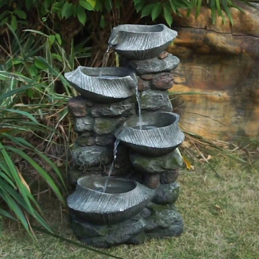 19x15x31.5 Indoor Outdoor Stone Fountain, 4 - Tier Polyresin Cascading Rock Bowl Freestanding Fountain with LED Ligh