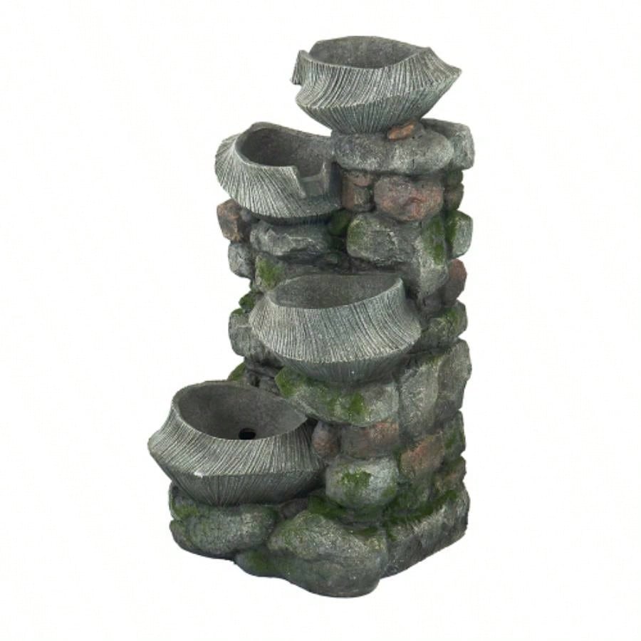 19x15x31.5 Indoor Outdoor Stone Fountain, 4 - Tier Polyresin Cascading Rock Bowl Freestanding Fountain with LED Ligh