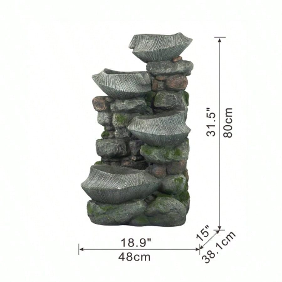 19x15x31.5 Indoor Outdoor Stone Fountain, 4 - Tier Polyresin Cascading Rock Bowl Freestanding Fountain with LED Ligh