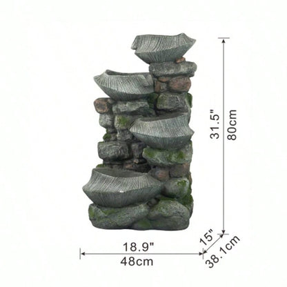 19x15x31.5 Indoor Outdoor Stone Fountain, 4 - Tier Polyresin Cascading Rock Bowl Freestanding Fountain with LED Ligh