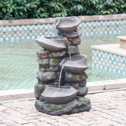 19x15x31.5 Indoor Outdoor Stone Fountain, 4 - Tier Polyresin Cascading Rock Bowl Freestanding Fountain with LED Ligh