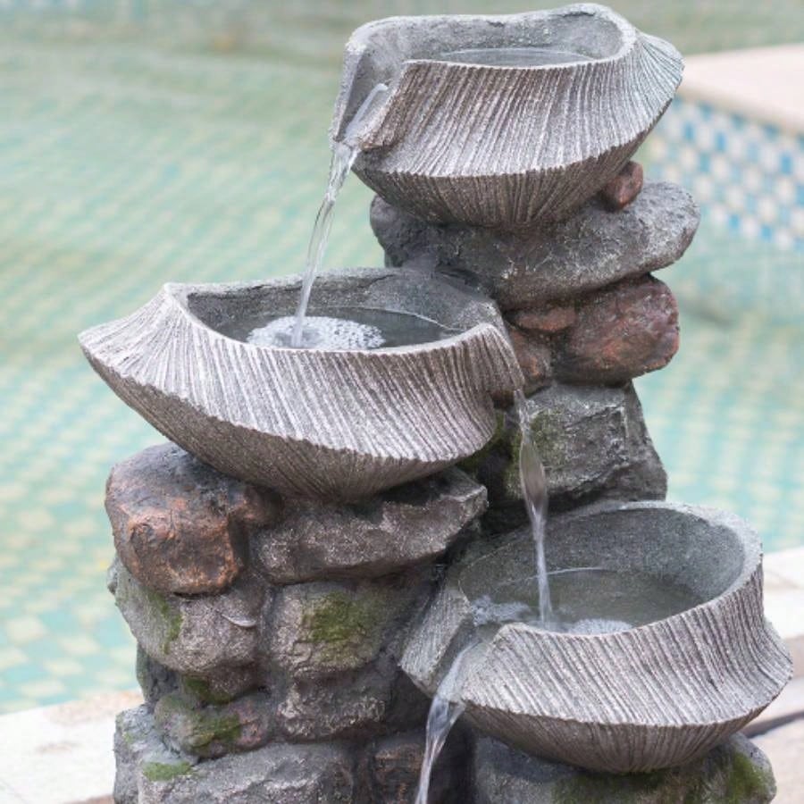19x15x31.5 Indoor Outdoor Stone Fountain, 4 - Tier Polyresin Cascading Rock Bowl Freestanding Fountain with LED Ligh