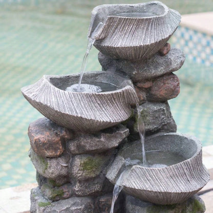 19x15x31.5 Indoor Outdoor Stone Fountain, 4 - Tier Polyresin Cascading Rock Bowl Freestanding Fountain with LED Ligh