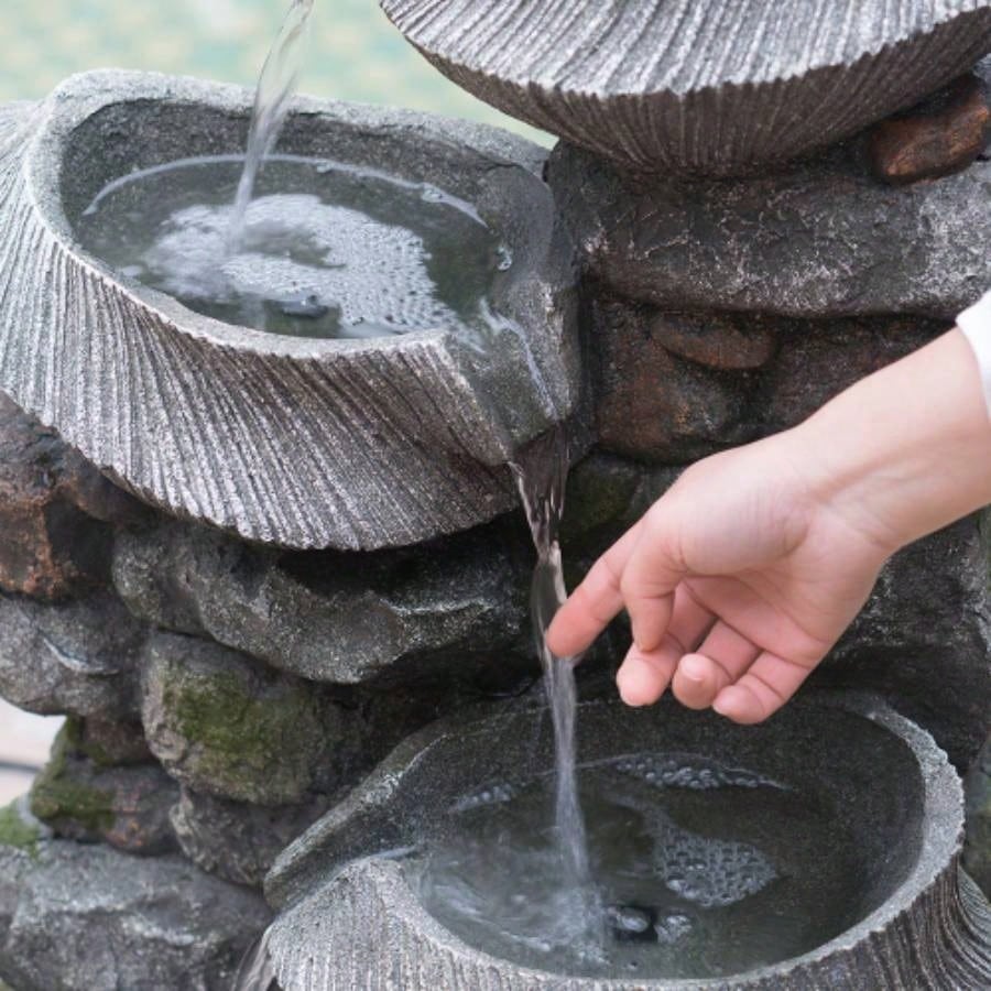 19x15x31.5 Indoor Outdoor Stone Fountain, 4 - Tier Polyresin Cascading Rock Bowl Freestanding Fountain with LED Ligh