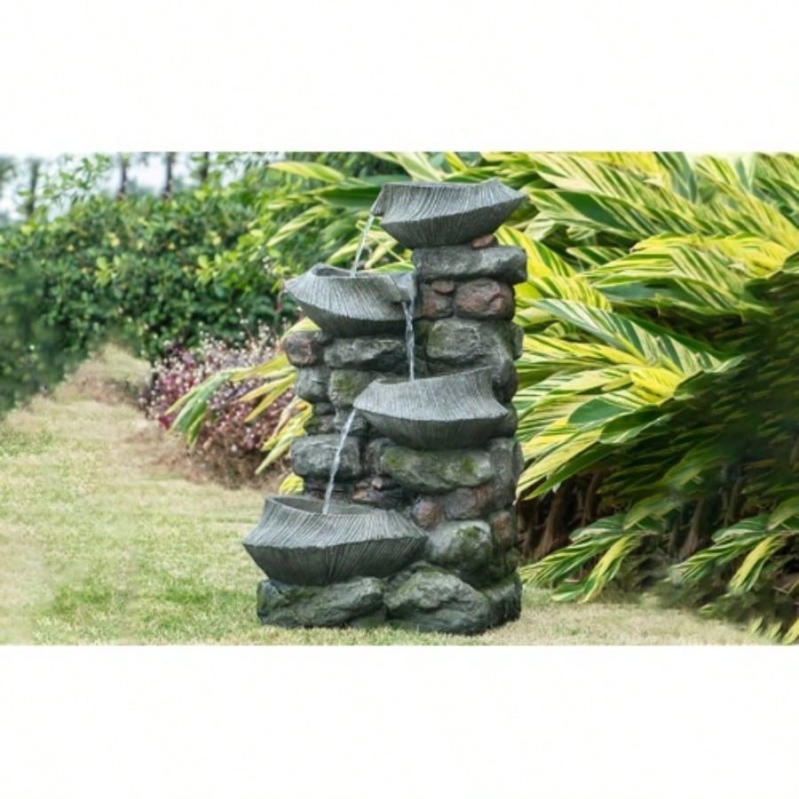 19x15x31.5 Indoor Outdoor Stone Fountain, 4 - Tier Polyresin Cascading Rock Bowl Freestanding Fountain with LED Ligh