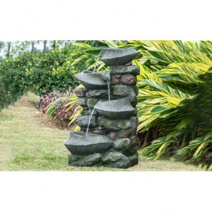 19x15x31.5 Indoor Outdoor Stone Fountain, 4 - Tier Polyresin Cascading Rock Bowl Freestanding Fountain with LED Ligh