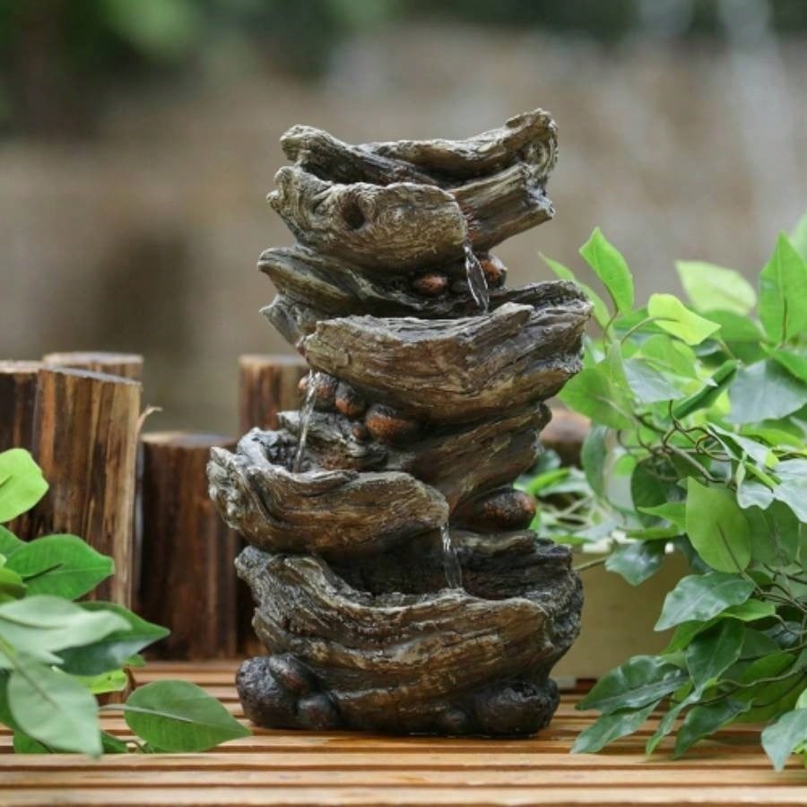 9x5x14 Indoor Brown Wood - Look Fountain, 4 - Tier Polyresin Cascading Wood Tabletop Fountain with LED Light