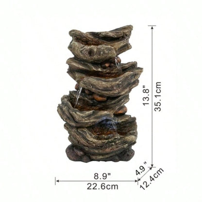 9x5x14 Indoor Brown Wood - Look Fountain, 4 - Tier Polyresin Cascading Wood Tabletop Fountain with LED Light