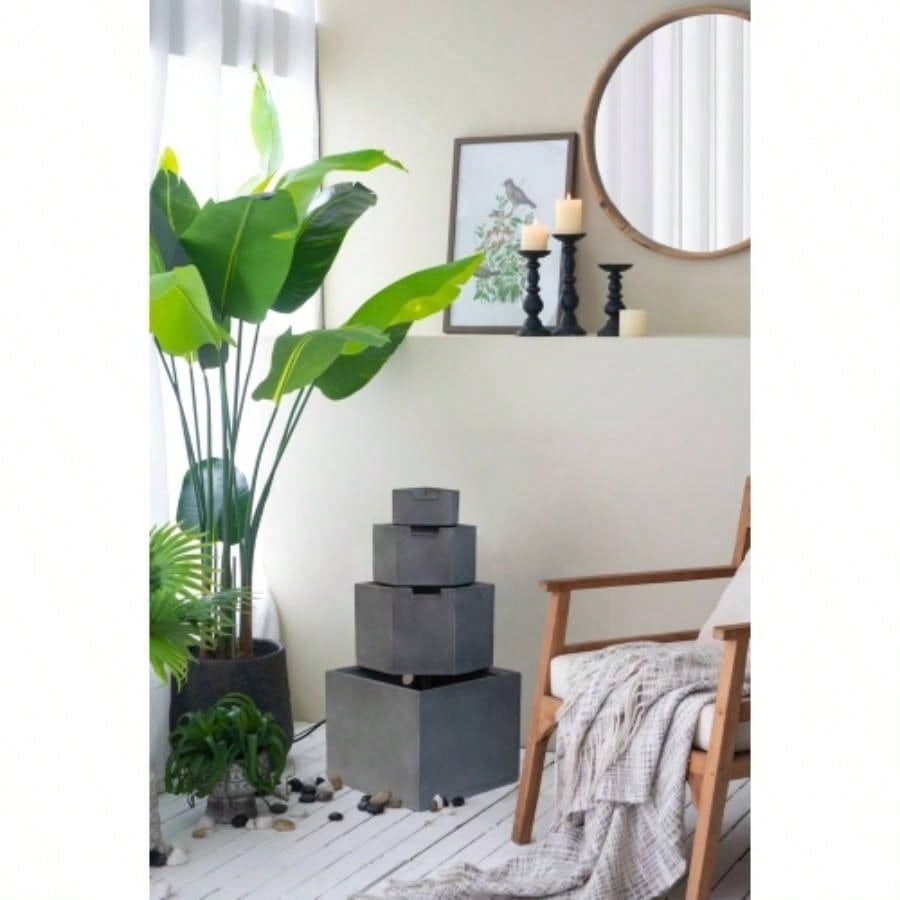 19.7x19.7x41. Gray Cement 4 Tier Block Fountain Outdoor