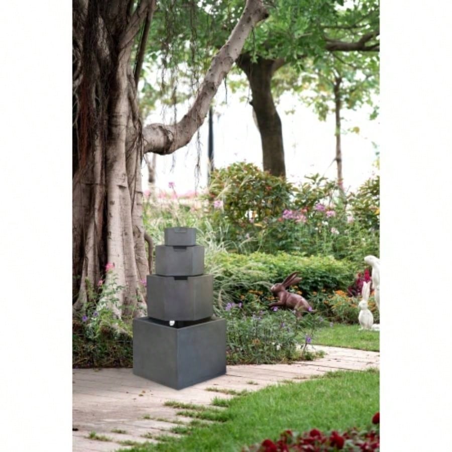 19.7x19.7x41. Gray Cement 4 Tier Block Fountain Outdoor