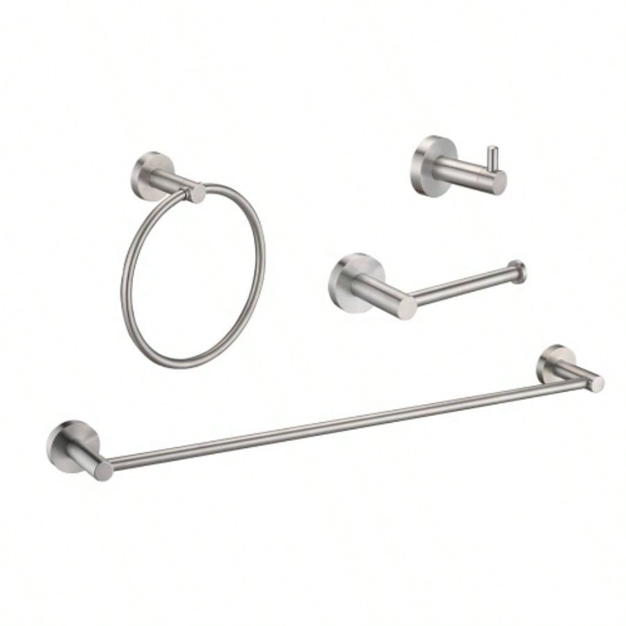 4 - Pack Bathroom Set Brushed Nickel 22. Towel Bar Racks, Toilet Paper Holder, Ring, Hook, Accessories, Hardware, Fixtures