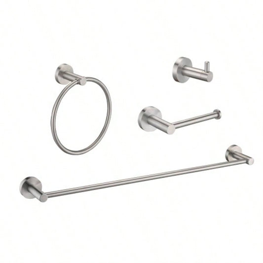 4 - Pack Bathroom Set Brushed Nickel 22. Towel Bar Racks, Toilet Paper Holder, Ring, Hook, Accessories, Hardware, Fixtures