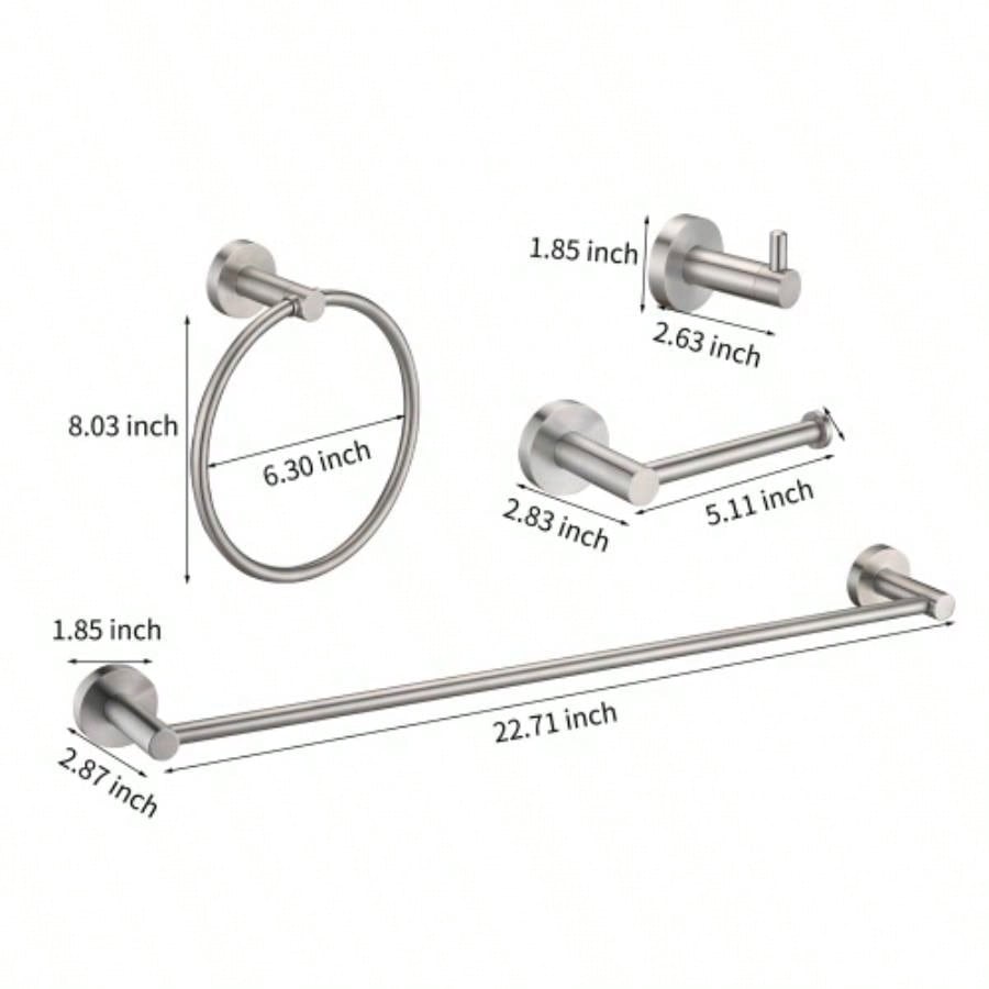4 - Pack Bathroom Set Brushed Nickel 22. Towel Bar Racks, Toilet Paper Holder, Ring, Hook, Accessories, Hardware, Fixtures