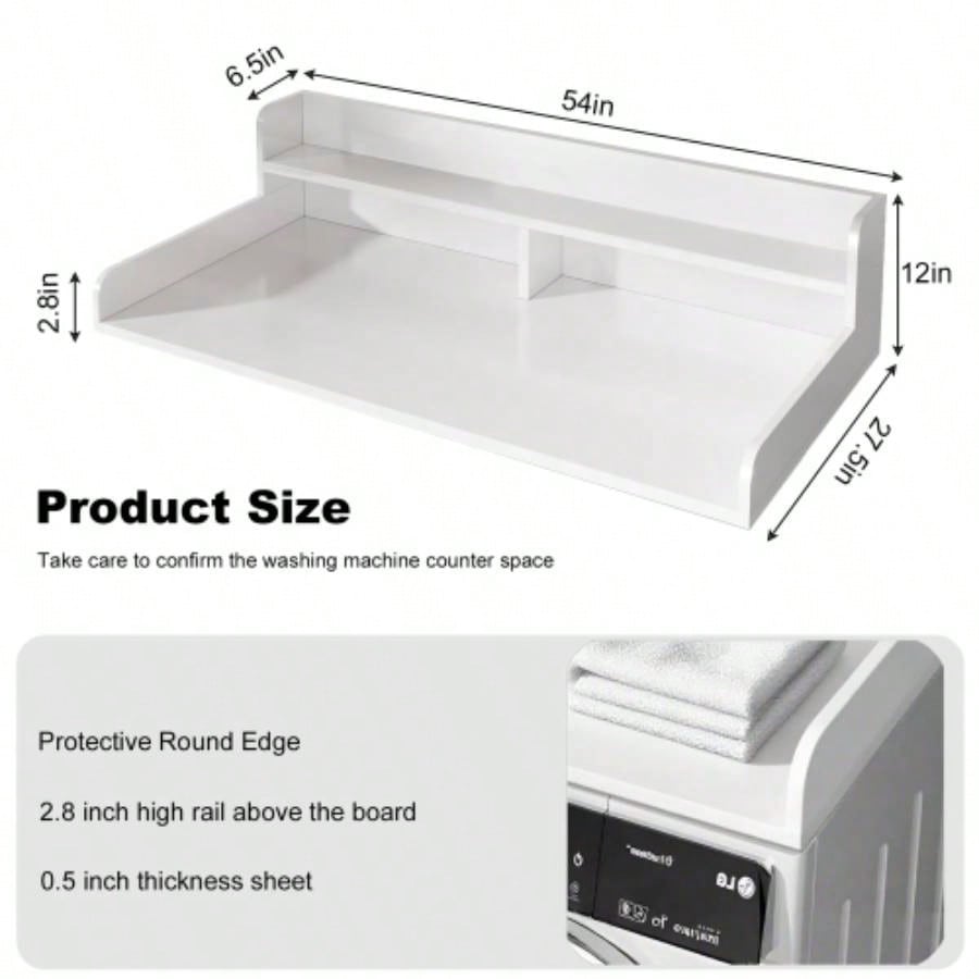 2 - Tier Washer and Dryer Countertop with 2.75 H Guard, 54x 27.5 D Laundry Countertop Cover, Large Space Laundry Topper Folding Clothes Over Washer and Dryer, White