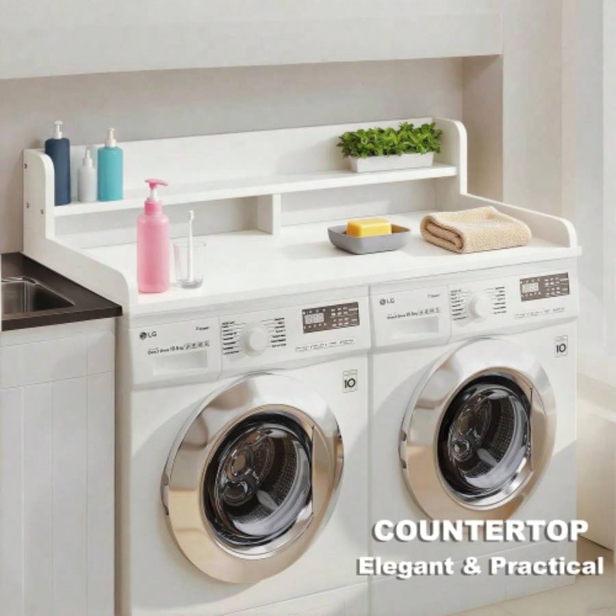 2 - Tier Washer and Dryer Countertop with 2.75 H Guard, 54x 27.5 D Laundry Countertop Cover, Large Space Laundry Topper Folding Clothes Over Washer and Dryer, White
