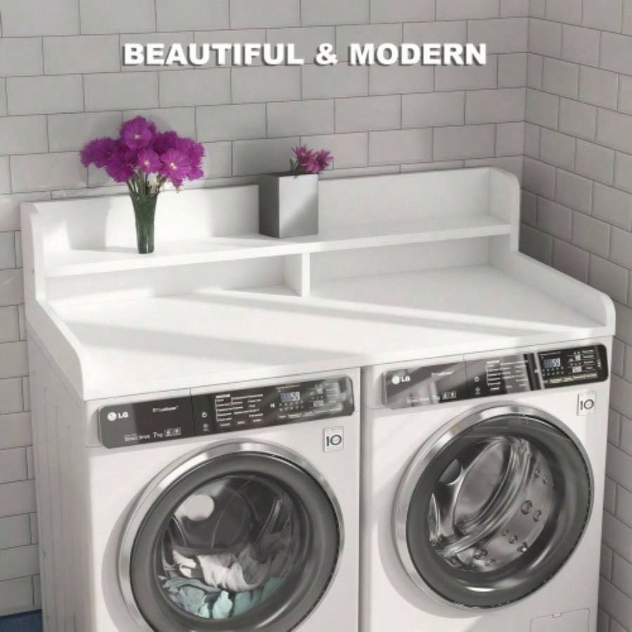 2 - Tier Washer and Dryer Countertop with 2.75 H Guard, 54x 27.5 D Laundry Countertop Cover, Large Space Laundry Topper Folding Clothes Over Washer and Dryer, White
